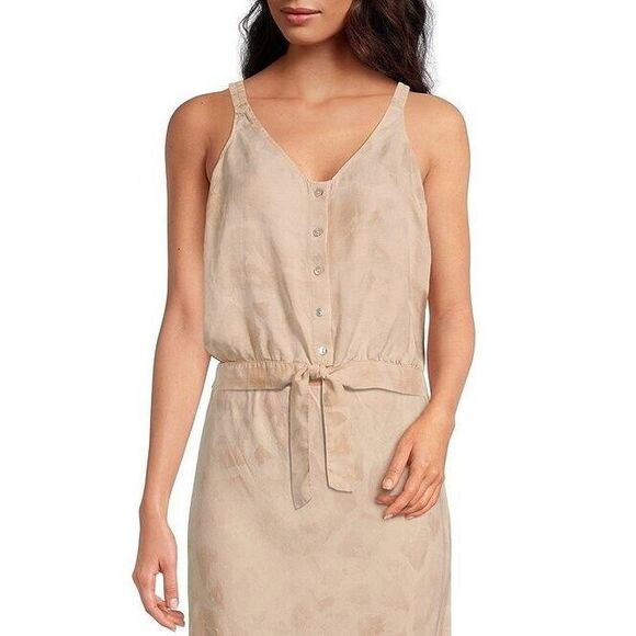Cloth & Stone Tank Top Size Medium Tan Giraffe Print Tie Button Front V-Neck NEW - Picture 1 of 10